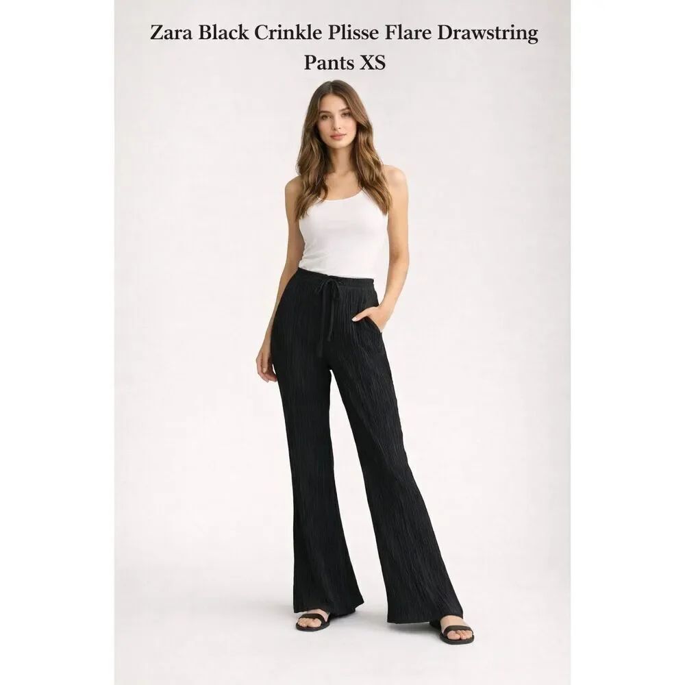 Zara Womens Semi Sheer Textured Wide Leg Black Pants Size XS